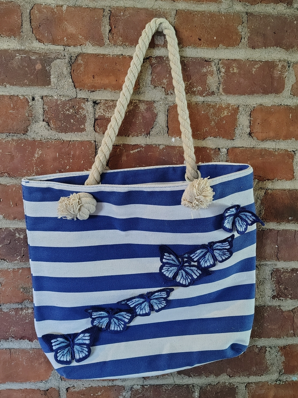Striped Blue & White Butterfly Tote Bag